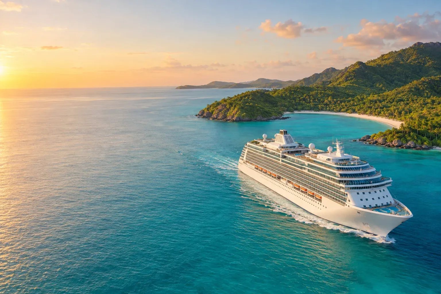 A white cruise ship sailing past a green tropical island at sunset